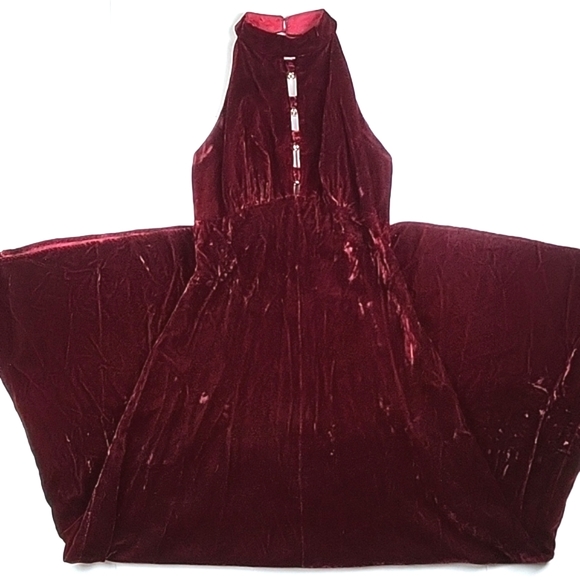 Vintage Dresses & Skirts - Vintage 70s Montgomery Ward Burgundy Crushed Velvet Halter Style Formal Gown